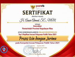 Kepri Terima Penghargaan Top 5 Replikasi Inovasi Pelayanan Publik 2021