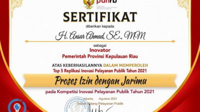 Kepri Terima Penghargaan Top 5 Replikasi Inovasi Pelayanan Publik 2021