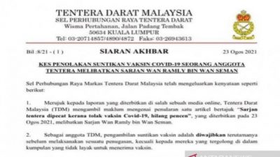 Tak Mau Divaksin, Karier Sersan Ramly Tamat Secara Tak Hormat